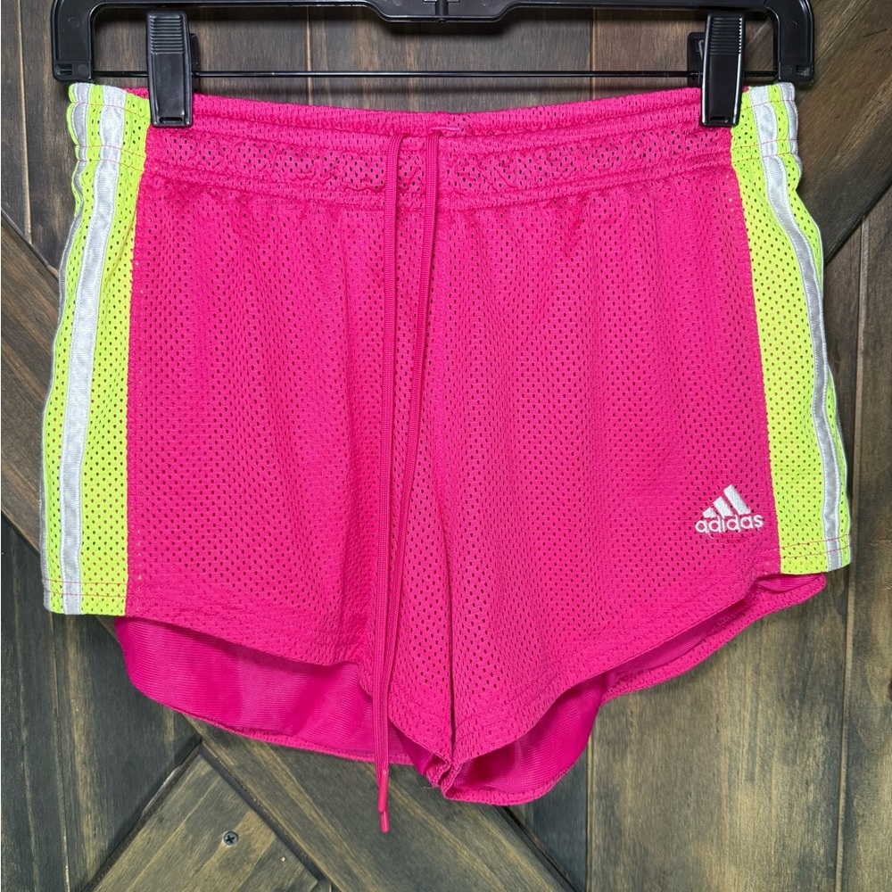 Adidas Women’s Pink Green White Stripe Small Athletic Shorts Mesh Drawstring